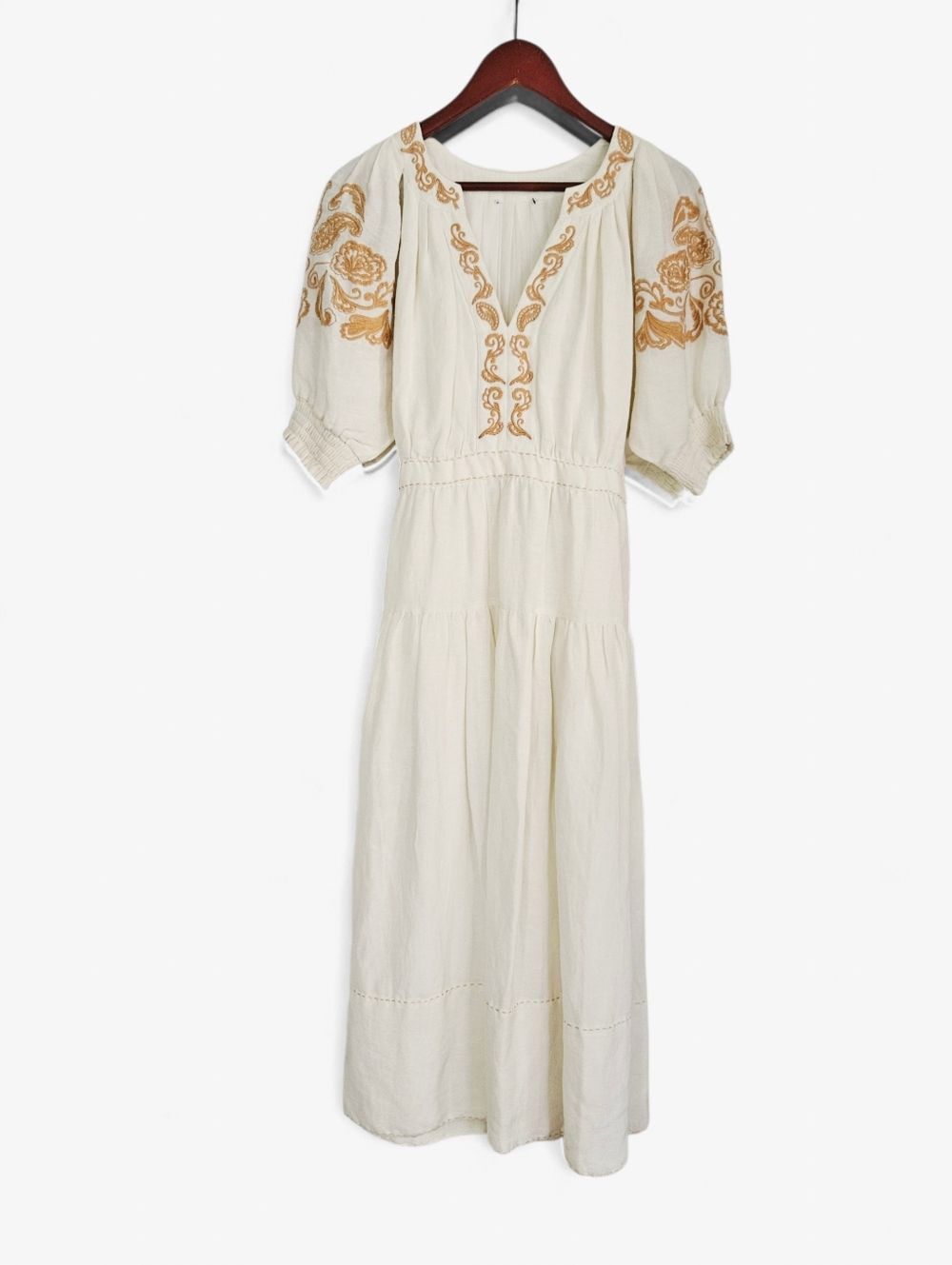 Cartolina Lizette Linen Blend Embroidered Belted Puff Sleeve Ivory Midi Dress M - Picture 5 of 16